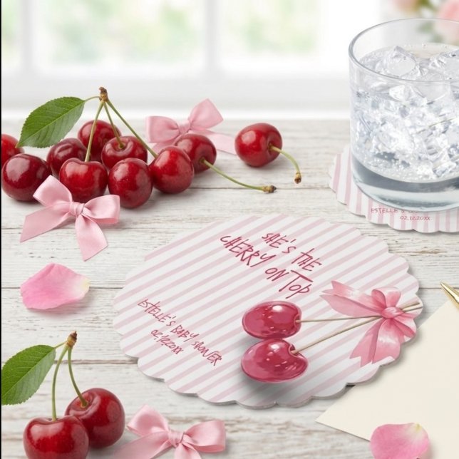 She's The Cherry On Top Bow Baby Shower Paper Coaster (Creator Uploaded)