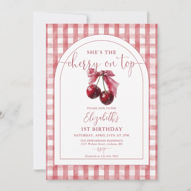 She's The Cherry On Top Bow Birthday Invitation (Front)