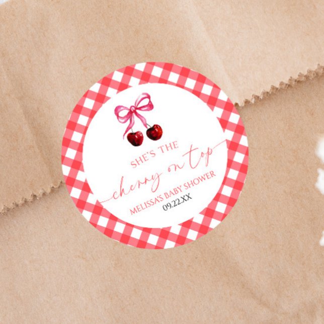She's The Cherry On Top Bow Cherry Baby Shower Classic Round Sticker (Creator Uploaded)
