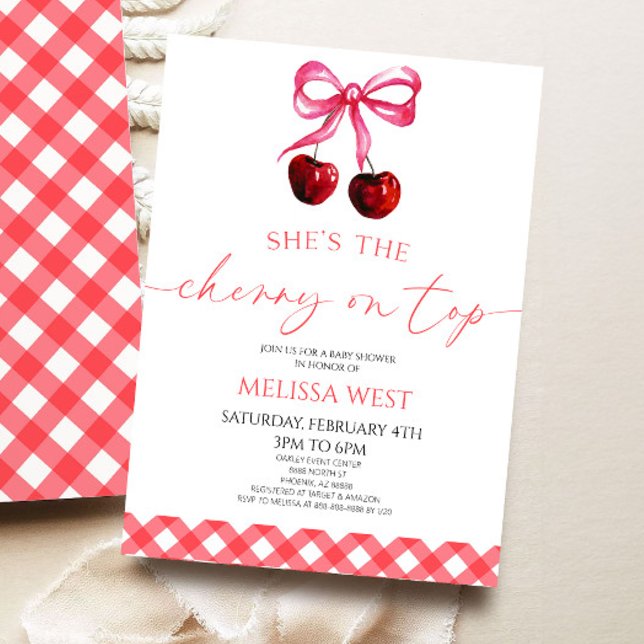 She's The Cherry On Top Bow Cherry Baby Shower Invitation (Creator Uploaded)