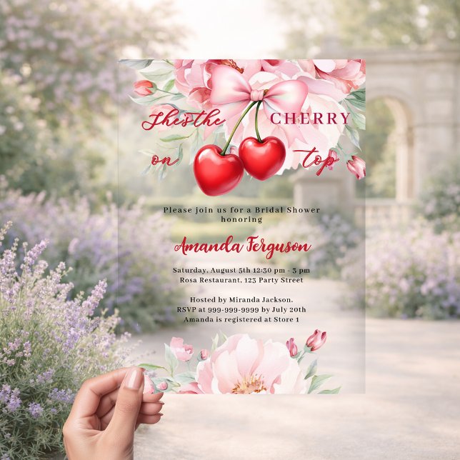 She's the cherry on top bow florals Bridal Shower Acrylic Invitations (Creator Uploaded)
