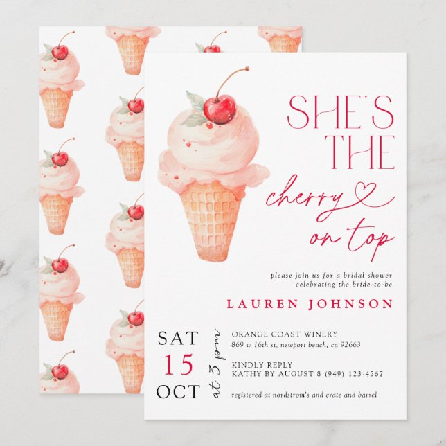 She's the Cherry on Top Ice Cream Bridal Invitation (Front/Back)