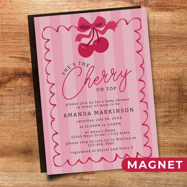 She's the Cherry on Top Pink Baby Shower Magnetic Invitation (Creator Uploaded)