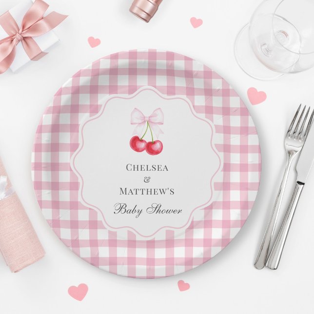 She's The Cherry On Top Pink Bow Baby Shower Paper Plates (Creator Uploaded)