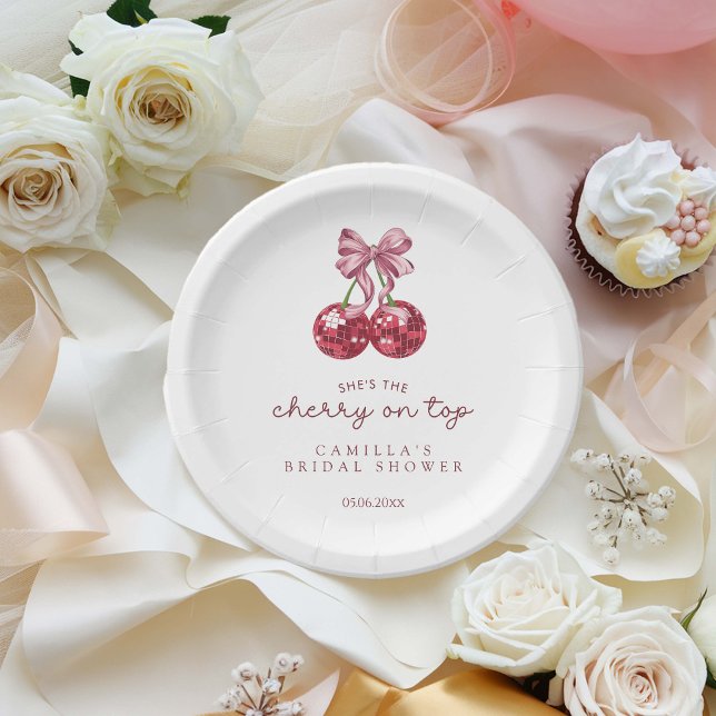 She's The Cherry On Top Pink Bow Bridal Shower  Paper Plates (Creator Uploaded)