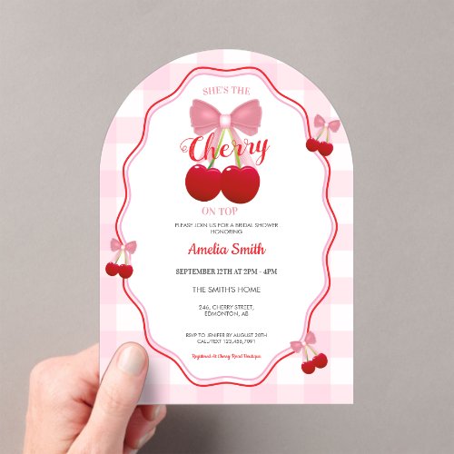 She's The Cherry On Top Pink Gingham Bridal Shower Acrylic Invitations