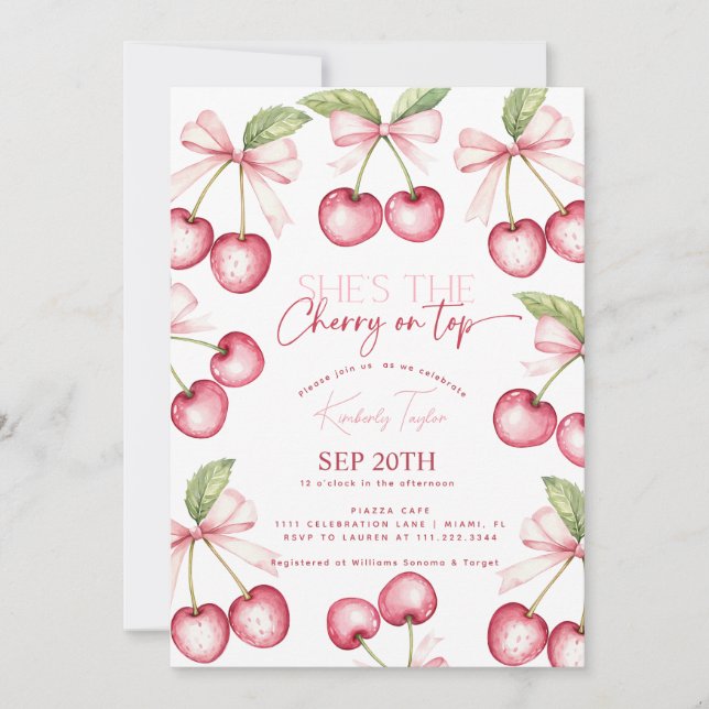 She's The Cherry On Top Pink Red Bridal Shower  Invitation (Front)