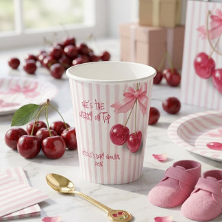 She's The Cherry On Top Pink Retro Bow Baby Shower Paper Cups