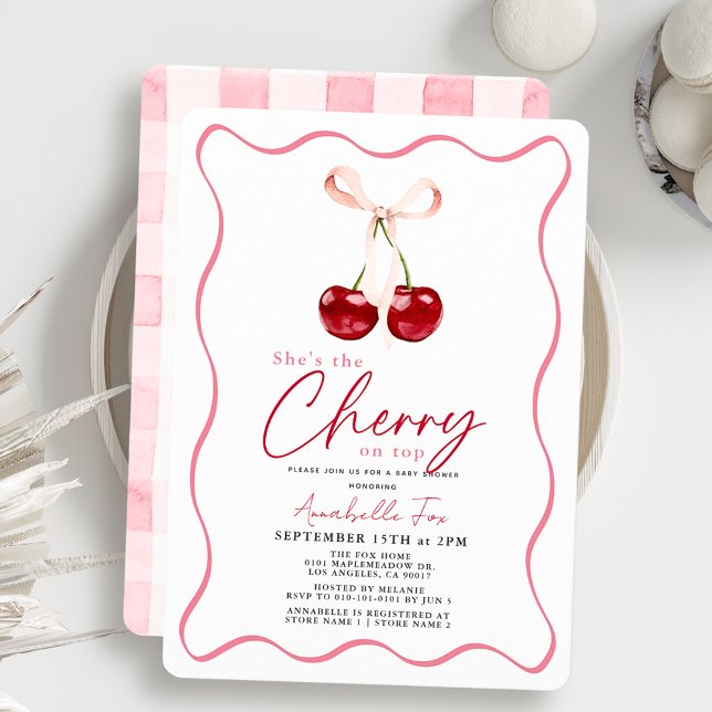 She's the Cherry on Top Ribbon Gingham Baby Shower Invitation (Creator Uploaded)