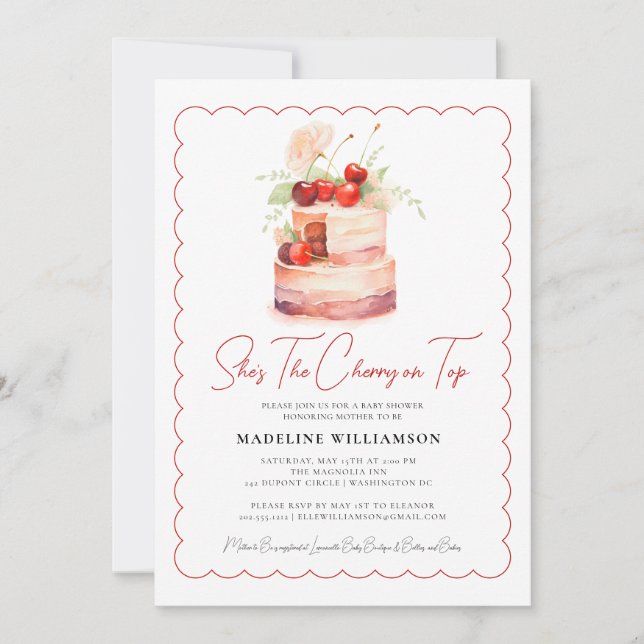 She's the Cherry on Top Watercolor Baby Shower Invitation (Front)