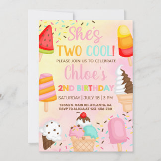 She's two cool 2nd birthday popsicle invite. invitation