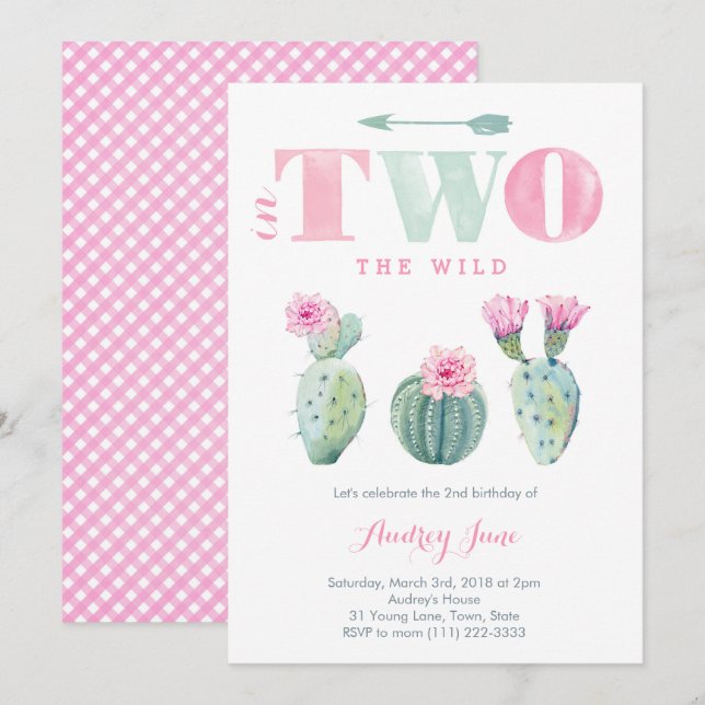 She's TWO wild 2nd birthday cacti invites for girl (Front/Back)