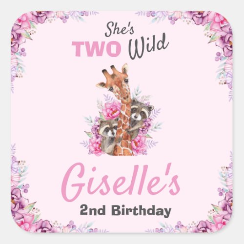 Shes Two Wild Pink Jungle Safari Giraffe Party Square Sticker