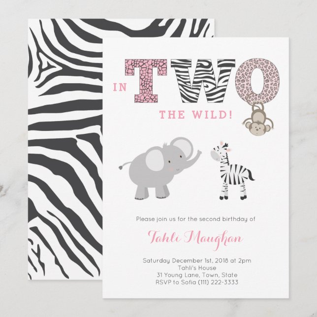 She's TWO Wild Safari 2nd Birthday Party for Girl Invitation (Front/Back)