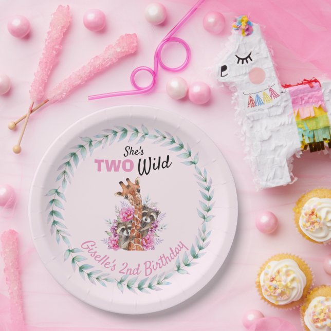 She's Two Wild Safari Giraffe Floral Birthday Paper Plates (Party)