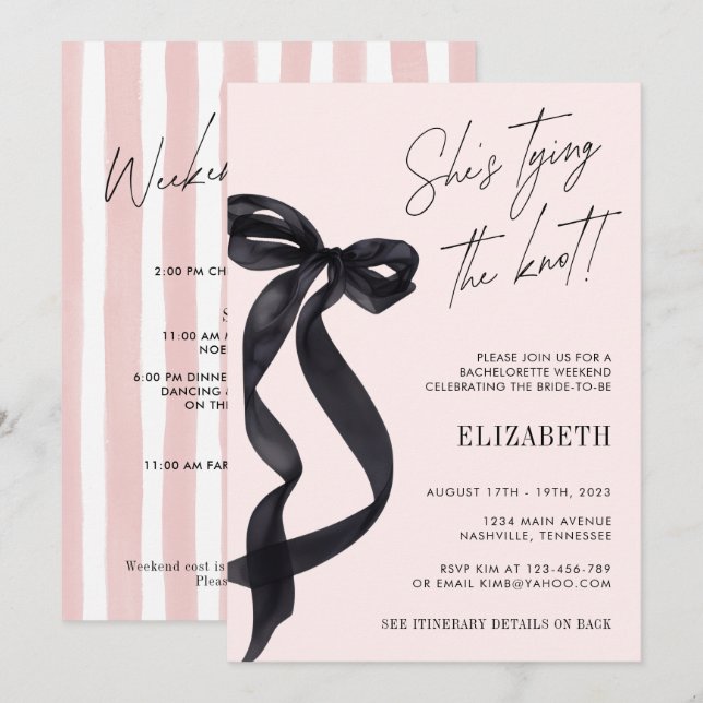 She's Tying the Knot Black Bow Bachelorette Party Invitation (Front/Back)