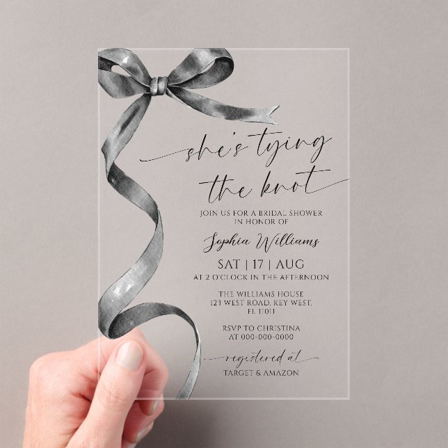 She's Tying the Knot Black Bow Bridal Shower Acrylic Invitations (Insitu (Handheld))