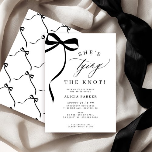 She's tying the knot black bow bridal shower invitation