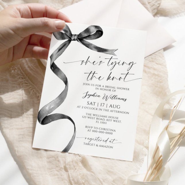 She's Tying the Knot Black Bow Bridal Shower Invitation (Creator Uploaded)