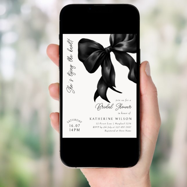 She's Tying the Knot Black Bow Bridal Shower Invitation (Front Digital)