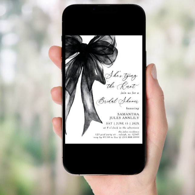 She's Tying The Knot Black Bow Bridal Shower Invitation (Front Digital)