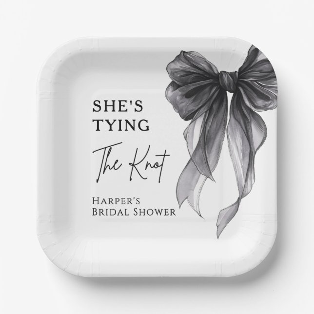 She's Tying The Knot Black Bow Bridal Shower Paper Plates (Front)