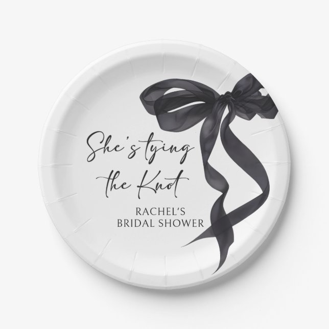 She's Tying the Knot Black Bow Bridal Shower Paper Plates (Front)