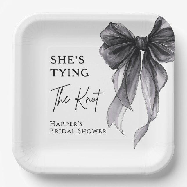 She's Tying The Knot Black Bow Bridal Shower Paper Plates (Front)