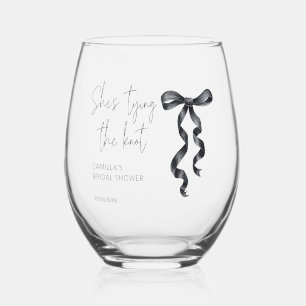 She's Tying The Knot Black Bow Bridal Shower Stemless Wine Glass