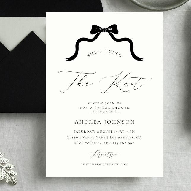 She's Tying the Knot Black Bow Ivory Bridal Shower Invitation (Creator Uploaded)
