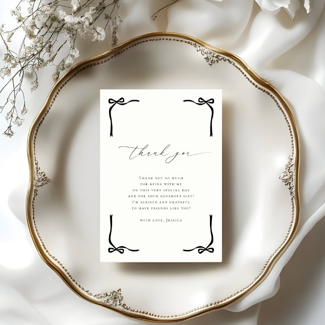 She's Tying the Knot Black Bow Ivory Bridal Shower Thank You Card (Creator Uploaded)