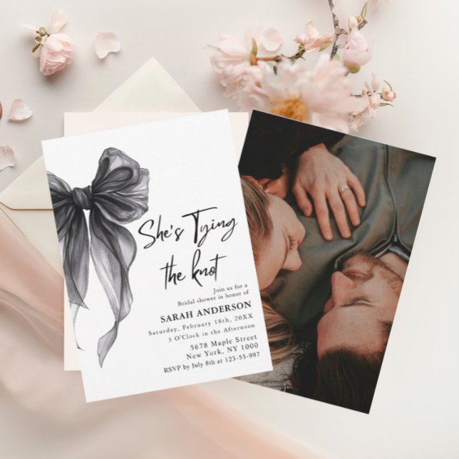 She's Tying the Knot black Elegant watercolor bow  Invitation (Creator Uploaded)