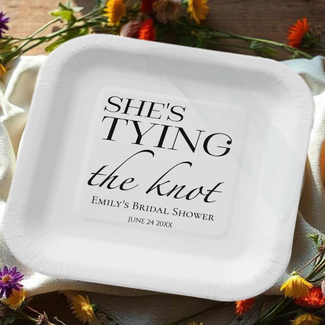 She's tying the knot | Black & White Bridal Shower Paper Plates (Creator Uploaded)