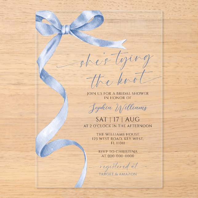 She's Tying the Knot Blue Bow Bridal Shower Acrylic Invitations (Front)