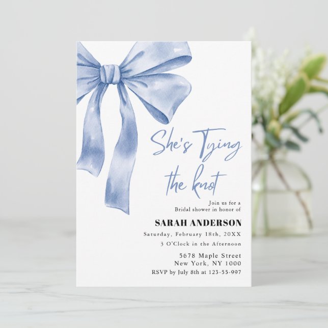 She's Tying the Knot  blue bow Bridal Shower  Invitation (Standing Front)