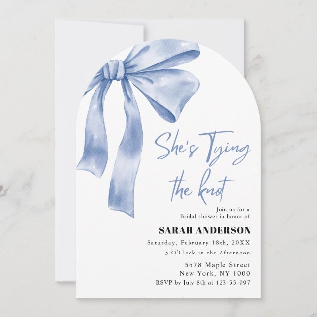 She's Tying the Knot  blue bow Bridal Shower  Invitation (Front)
