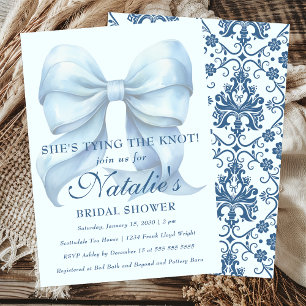 She's Tying The Knot Blue Bow Bridal Shower Invitation