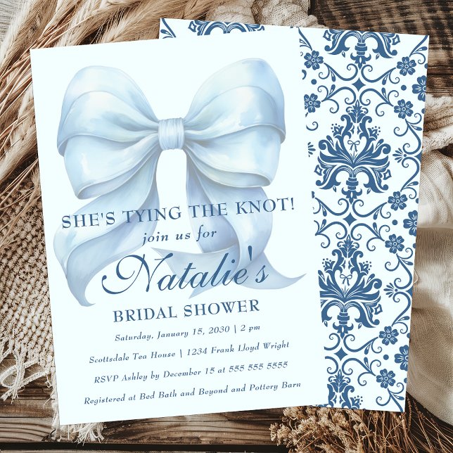 She's Tying The Knot Blue Bow Bridal Shower Invitation (Creator Uploaded)