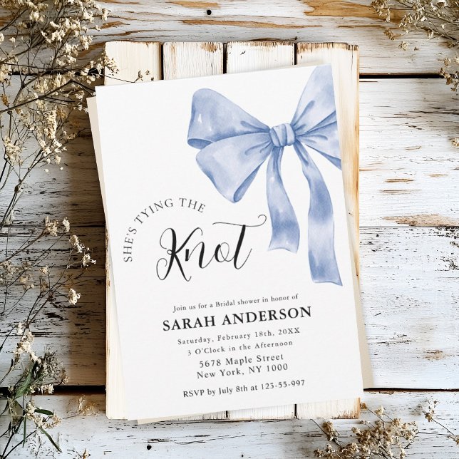 She's Tying the Knot blue bow Bridal Shower  Invitation (Creator Uploaded)