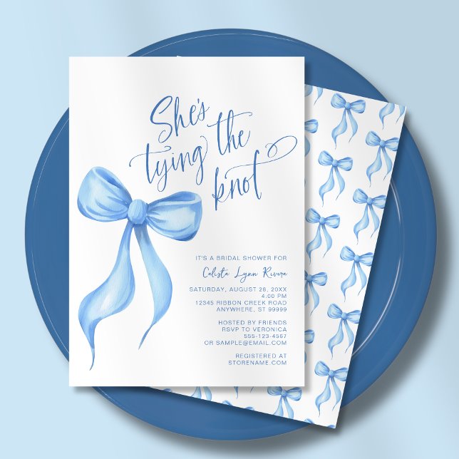 She's Tying the Knot Blue Bow Bridal Shower Invitation (Shown on a 5" x 7" invitation)