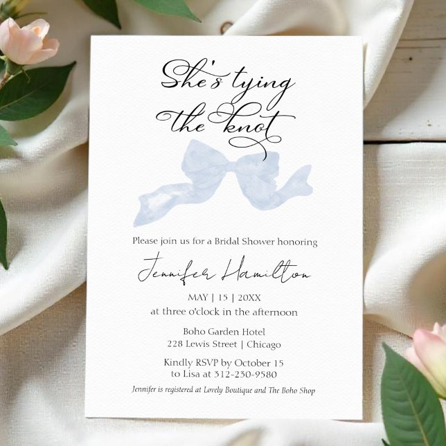 She's tying the knot | Blue Bow Bridal Shower Invitation (Creator Uploaded)