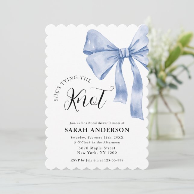 She's Tying the Knot blue bow Bridal Shower  Invitation (Standing Front)