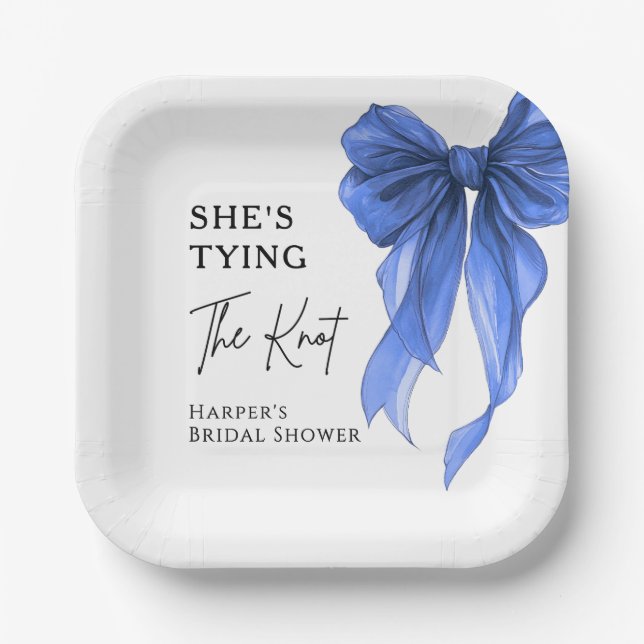 She's Tying The Knot Blue Bow Bridal Shower Paper Plates (Front)
