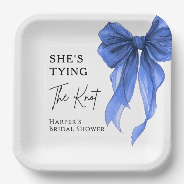 She's Tying The Knot Blue Bow Bridal Shower Paper Plates (Front)