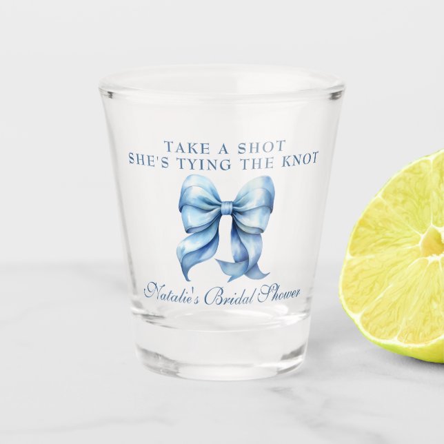 She's Tying The Knot Blue Bow Bridal Shower Shot Glass (Front)