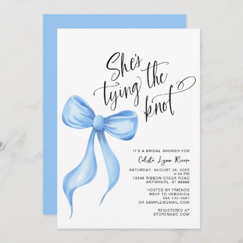 Shes Tying the Knot Blue Bow Ribbon Bridal Shower Invitation