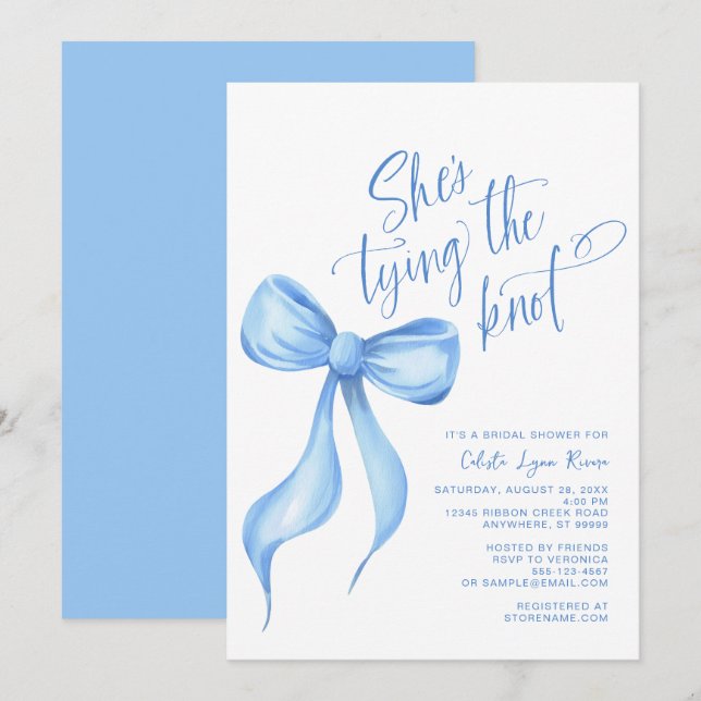 She's Tying the Knot Blue Bow Ribbon Bridal Shower Invitation (Front/Back)