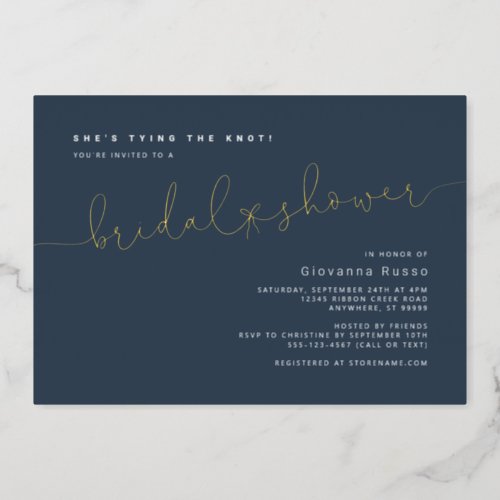 Shes Tying the Knot Blue Gold Bridal Shower Foil Invitation