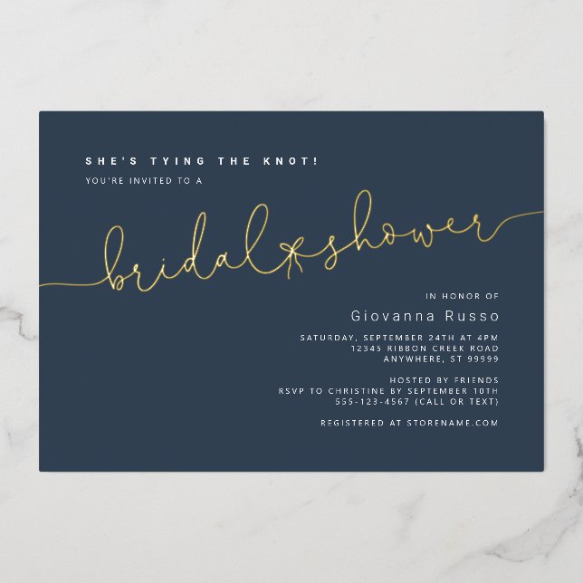 She's Tying the Knot Blue Gold Bridal Shower Foil Invitation (Front)