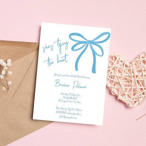 Shes tying the knot blue ribbon bow invitation